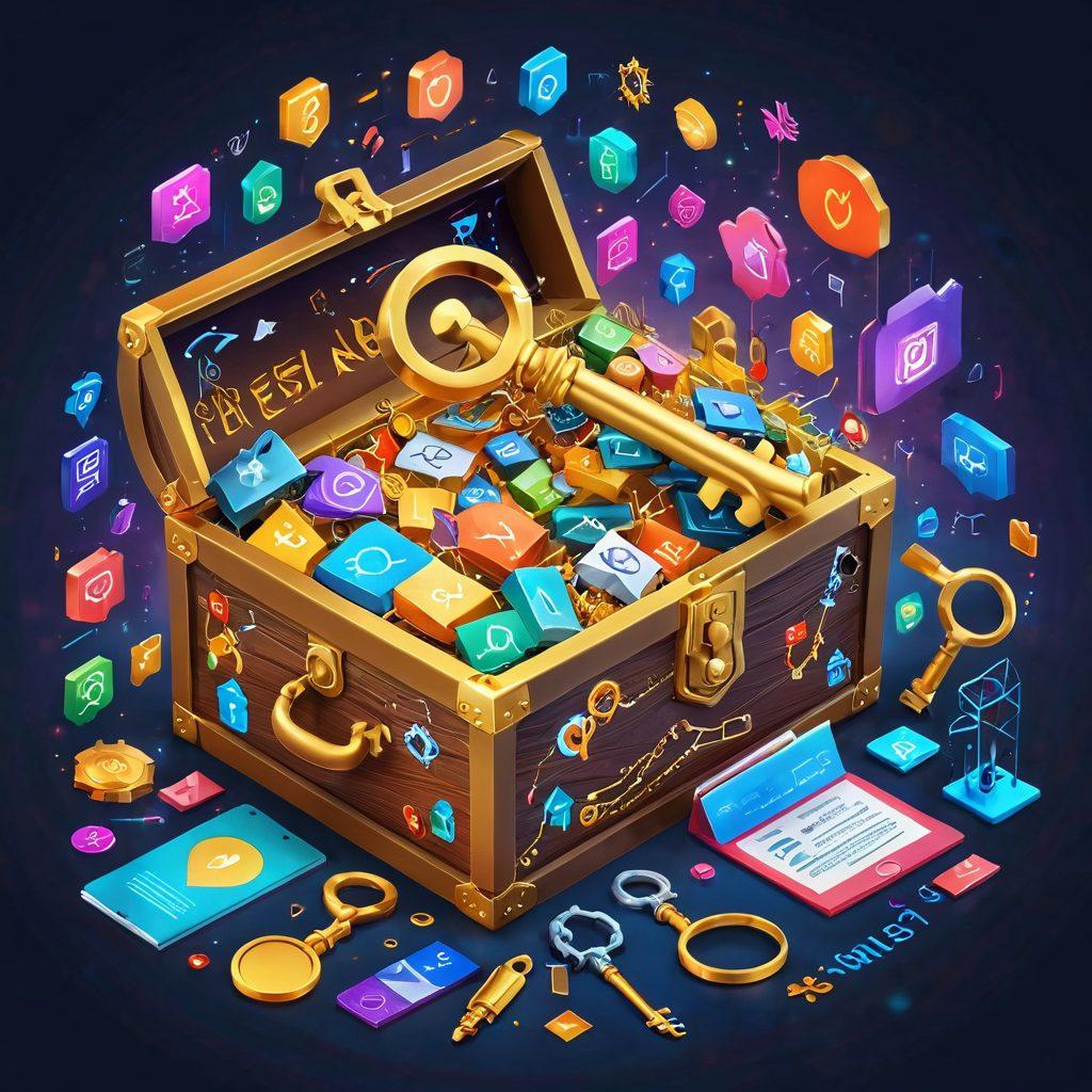 A visually engaging illustration showcasing a giant golden key unlocking a treasure chest filled with vibrant keywords and icons representing search tools like magnifying glasses and charts. The background should feature a digital landscape with data flow visualizations and glowing connections symbolizing the internet. Include diverse people from different professions happily exploring search results on various devices. super-realistic. vibrant colors. 3D.