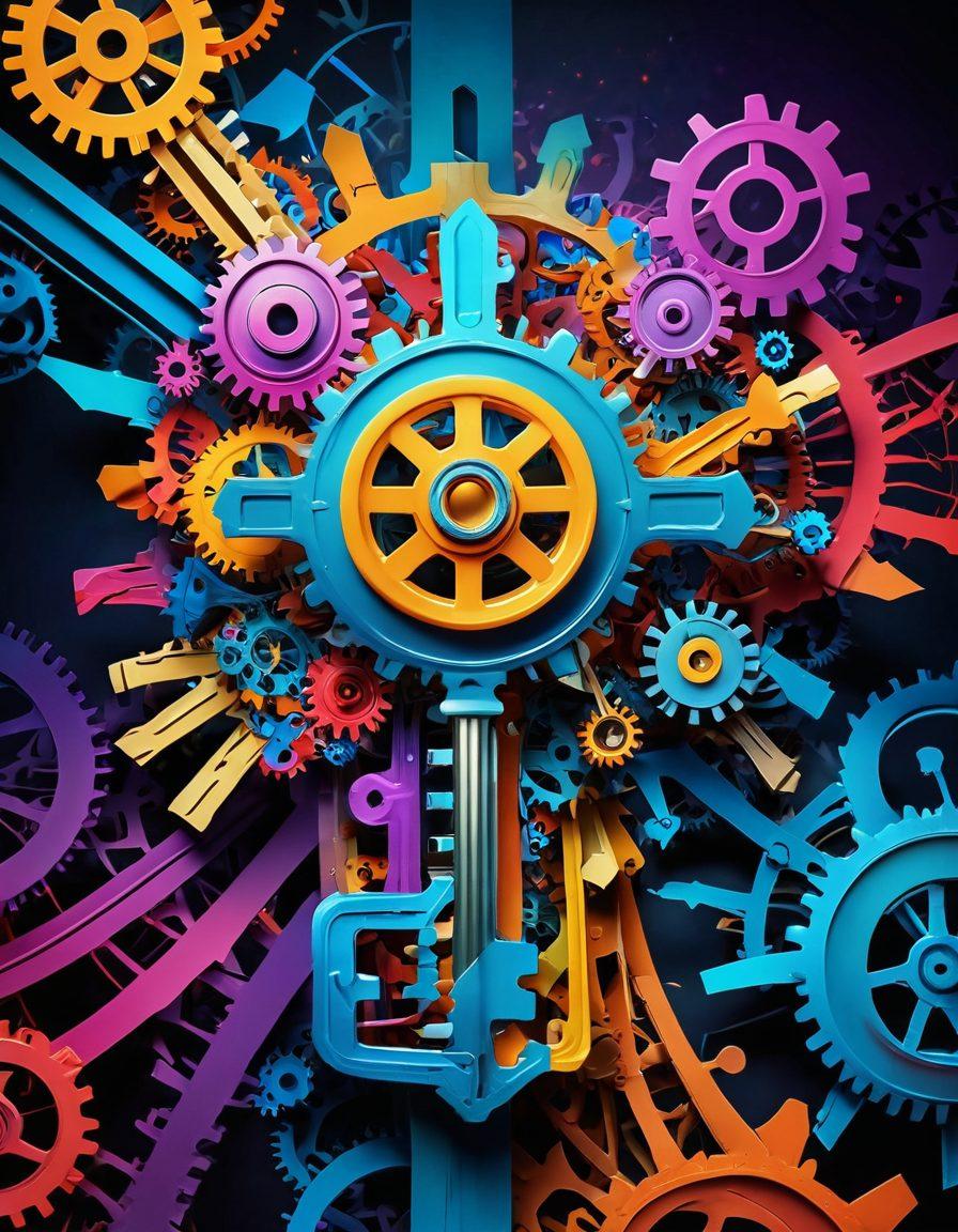 A surreal depiction of a key transforming into a dazzling array of colorful gears and light, symbolizing the evolution of information discovery. In the background, a vast landscape of endless books, digital devices, and abstract question marks representing queries. The colors should be vibrant and captivating, enhancing a sense of limitless possibilities. Include intricate patterns and textures to signify depth and creativity. super-realistic. vibrant colors. 3D.