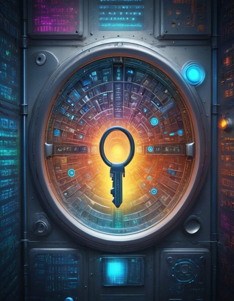 A mysterious key unlocking a glowing digital vault filled with streams of flowing data and various search icons surrounding it, representing effective data retrieval methods. Include vibrant colors and intricate patterns in the background to symbolize complex algorithms. Elements like magnifying glasses, search bars, and binary code should be subtly integrated into the design. super-realistic. vibrant colors. 3D.